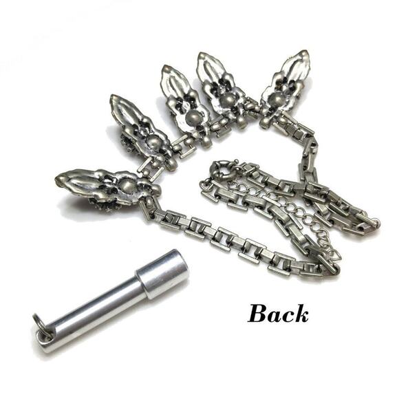 Vintage Blue Five Pendant Floral Statement Necklace, Rivoli Rhinestones, 20 Inch - Picture 7 of 8